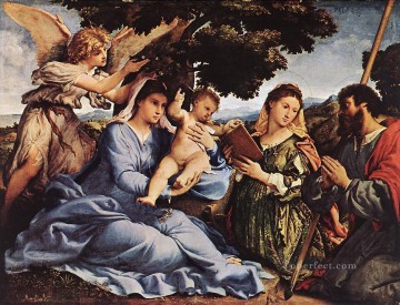 聖母子と聖者と天使 1527年 ルネサンス ロレンツォ・ロット Oil Paintings